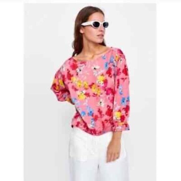 Zara Pink Floral Print Blouse with Elastic Cuffs Size Small - Picture 3 of 14